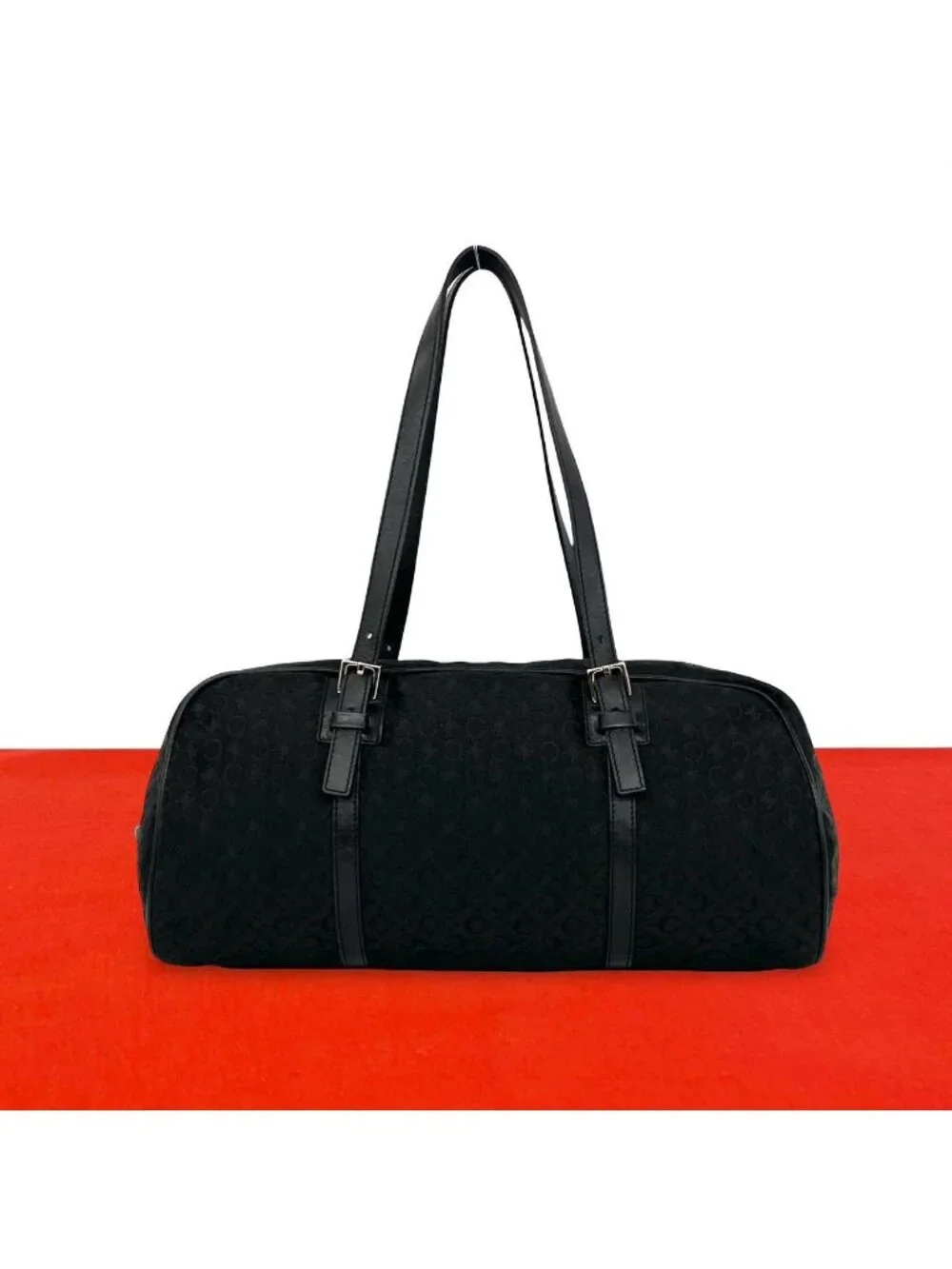Celine C Macadam Blason Triomphe Pattern Canvas Leather Handbag Drum Bag Black